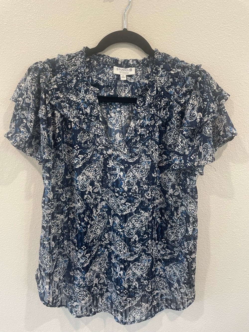 Studio B by BoBeau Navy Paisley Ruffle-Sleeve Blouse